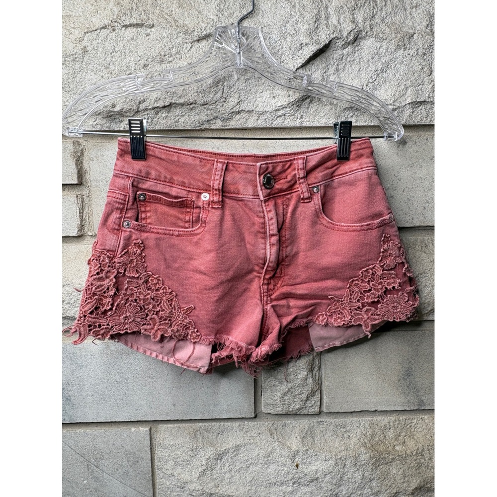 American Eagle Outfitters Red Crochet Lace Raw Hem Denim‎ Shorts Stretch Womens